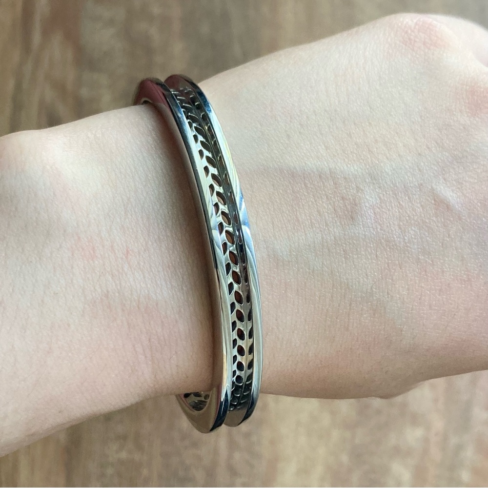 “MS” Silver-toned Leaf Pattern Cutout Cuff Bracelet